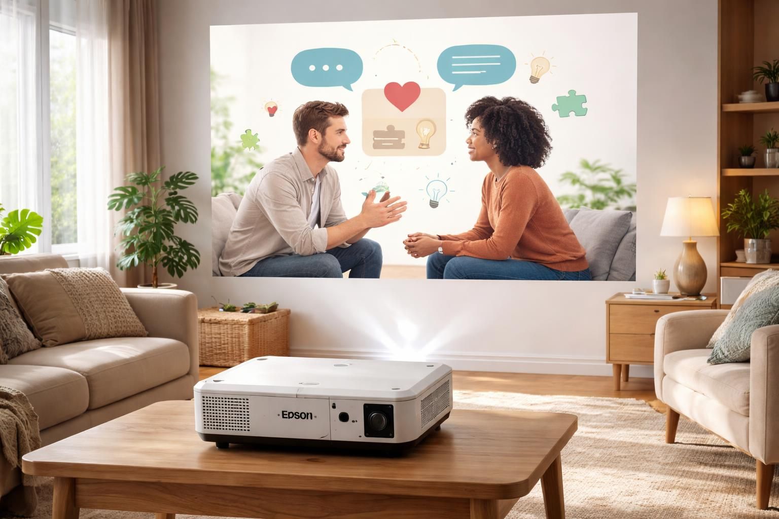 découvrez l'atelier de communication de couple projeté au mur grâce au vidéoprojecteur epson, une solution innovante pour renforcer vos échanges en toute convivialité.